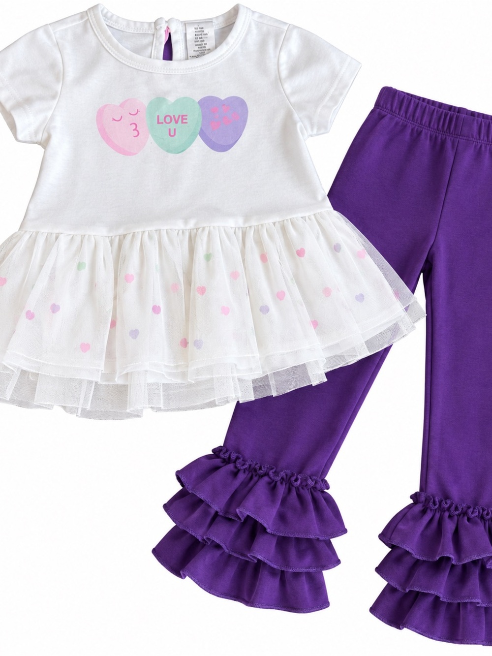 Girls White Tulle Heart Top & Purple Ruffle Pants Kids Set